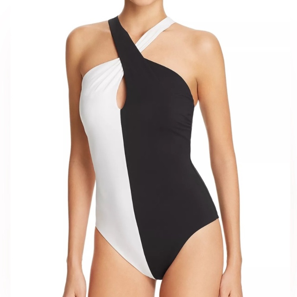 Miraclesuit Black and White One-Shoulder One-Piece Swimsuit